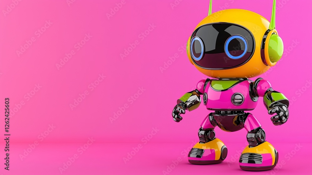custom made wallpaper toronto digitalA vibrant, cartoonish robot with a cheerful expression, wearing headphones, stands against a pink background, embodying a playful and futuristic design.