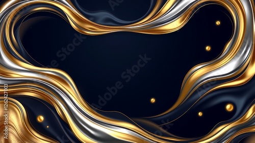 Luxurious Abstract Gold and Silver Liquid Waves on Dark Background photo