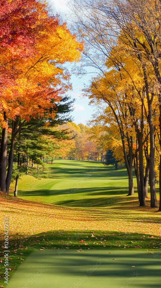 Naklejka premium Golf course winding through colorful autumn trees