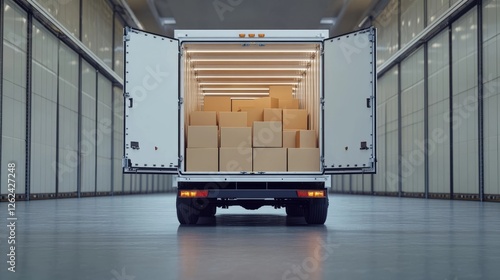 Delivery truck with numerous cardboard boxes ready for distribution inside a warehouse setting during daytime