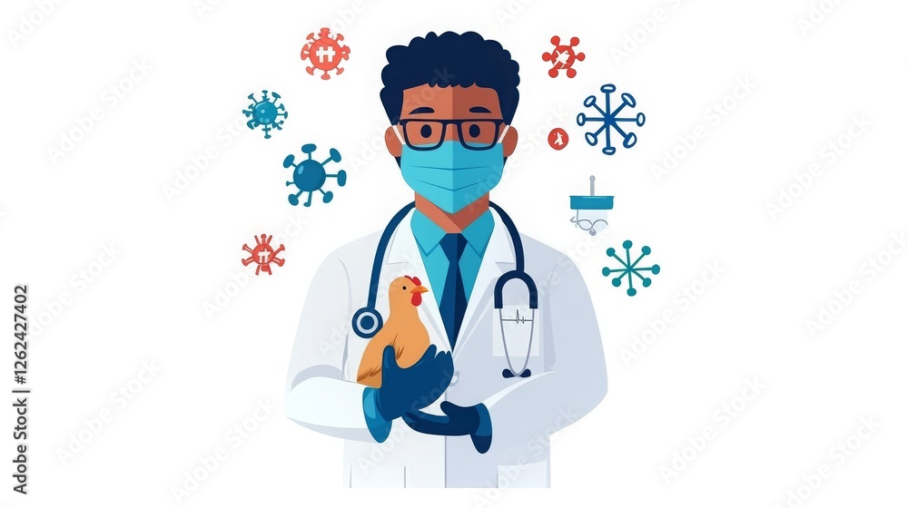 Medical professional holds chicken while surrounded by health-related symbols in a simple design Medical professional holds chicken while surrounded by health-related symbols in a simple design