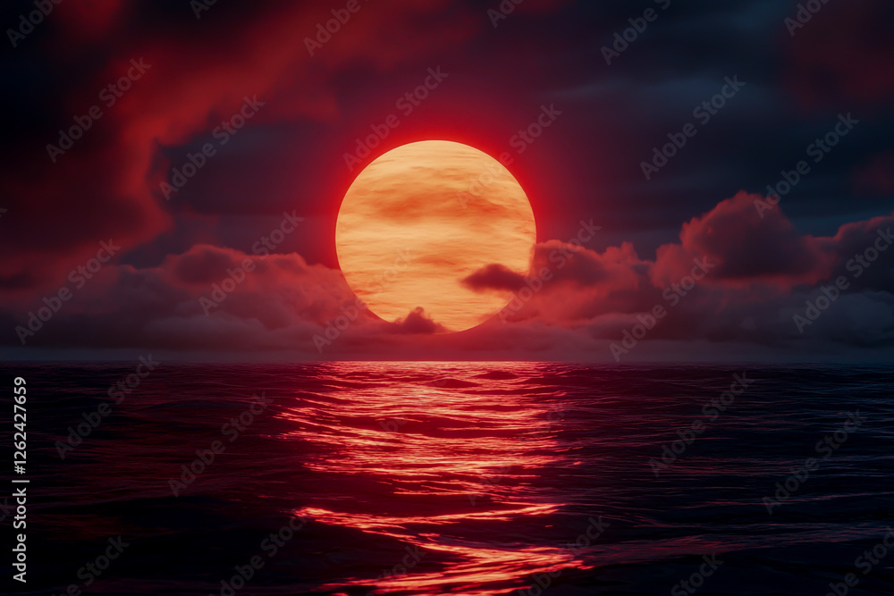 Huge Red Sun Setting Over the Sea, Creating an Orange Glow on the Water’s Surface – Breathtaking Sunset View Huge Red Sun Setting Over the Sea, Creating an Orange Glow on the Water’s Surface – Breathtaking Sunset View