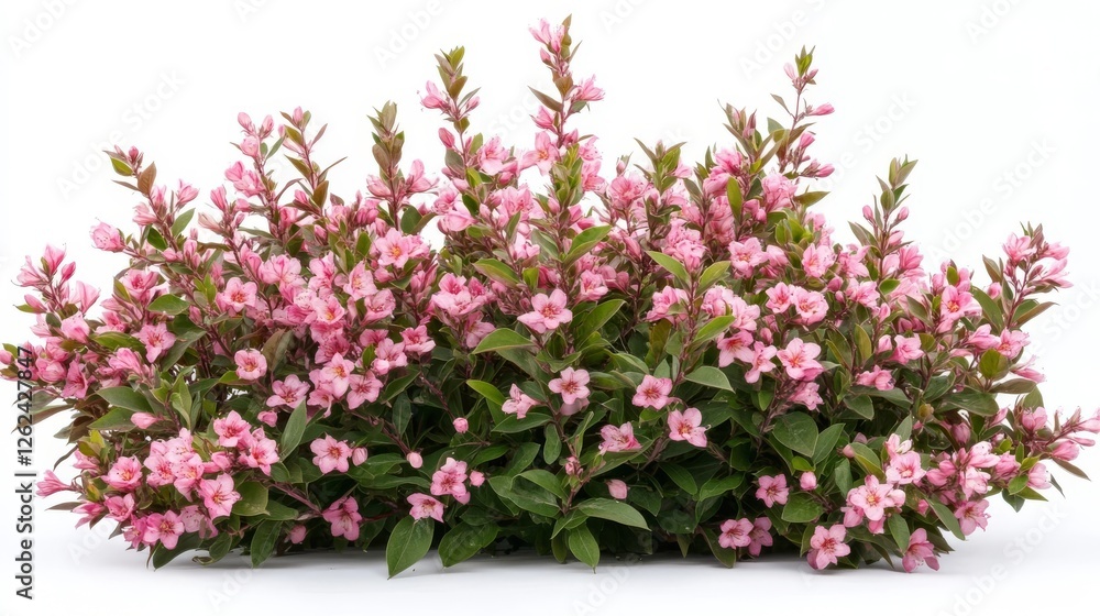 Obraz premium Vibrant flowering bush showcasing delicate pink blossoms in a lush green setting during springtime