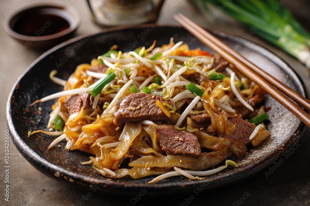 Delicious Pad See Ew with Beef, stir-fried noodles with egg and Chinese broccoli, a classic and popular Thai street food dish served on a black plate. Delicious Pad See Ew with Beef, stir-fried noodles with egg and Chinese broccoli, a classic and popular Thai street food dish served on a black plate.