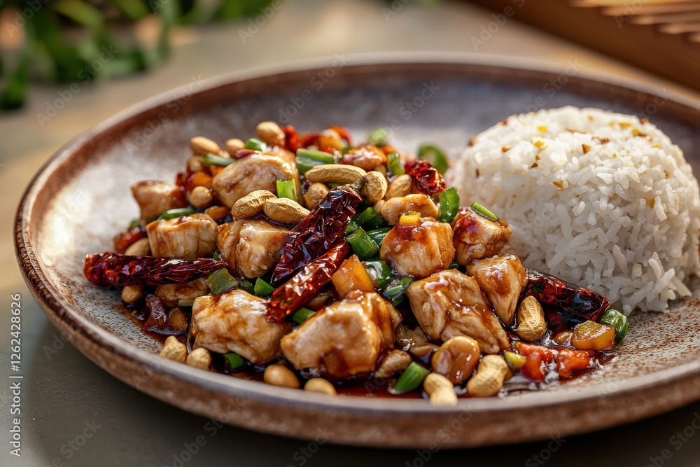 A tempting dish of Kung Pao chicken with rice, a delectable combination of chicken, peanuts, chilies, and green onions, creating a delightful meal. A tempting dish of Kung Pao chicken with rice, a delectable combination of chicken, peanuts, chilies, and green onions, creating a delightful meal.