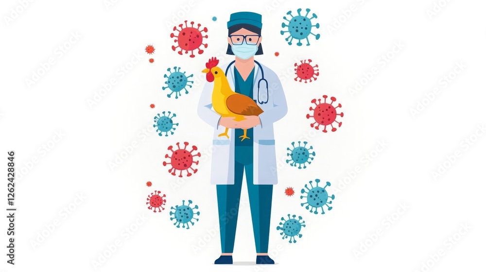 Humorous cartoon of a doctor holding a chicken surrounded by colorful viruses in a playful setting Humorous cartoon of a doctor holding a chicken surrounded by colorful viruses in a playful setting