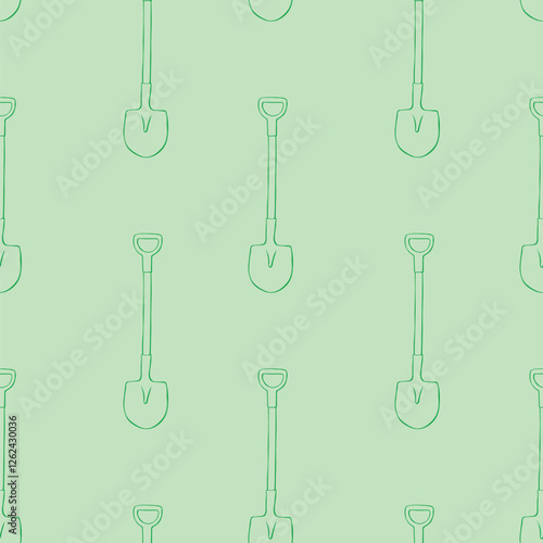 Seamless pattern with garden shovels, spades, scoops. Vector backgrounds and textures with tools for working on the farm, in dacha, country site in flat doodle style. Hand drawn isolated illustration.