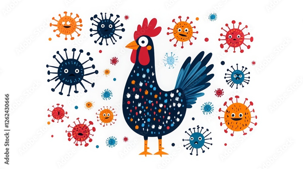 Obraz premium Cartoon chicken confidently battling colorful germs with a humorous twist in a playful setting