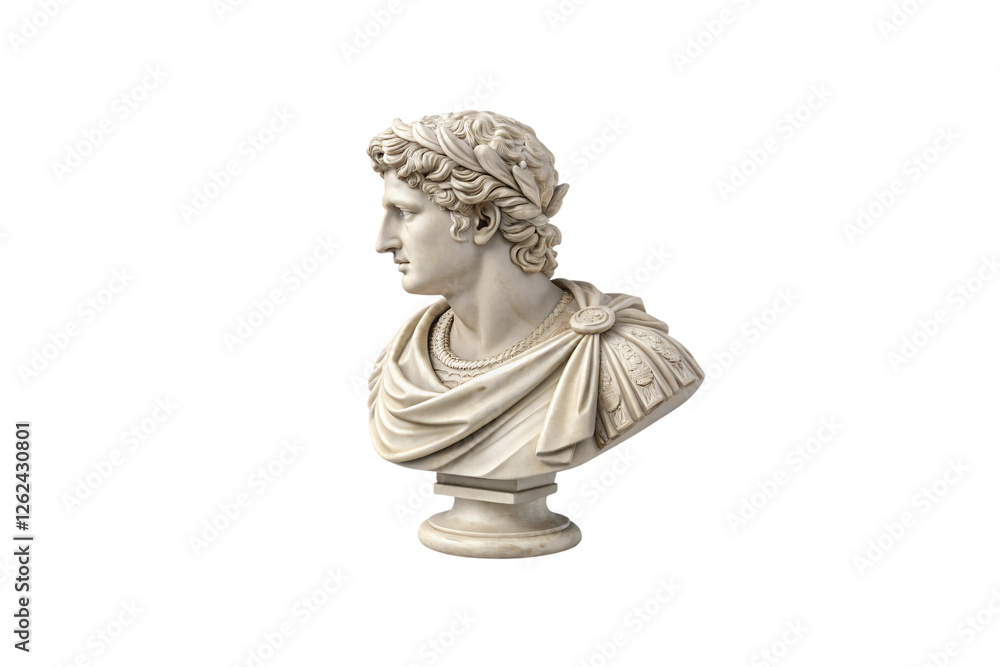 A Roman bust with a distinct profile, featuring a laurel crown and finely detailed sculpted drapery, isolated on a transparent background A Roman bust with a distinct profile, featuring a laurel crown and finely detailed sculpted drapery, isolated on a transparent background