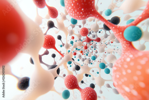 An abstract composition where shimmering particles glide between translucent molecular links,