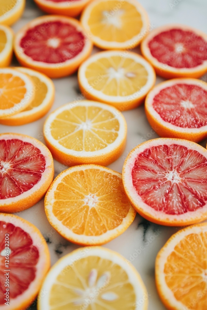 Citrus slices arrangement; different color fruits on a white background. Food concept Citrus slices arrangement; different color fruits on a white background. Food concept