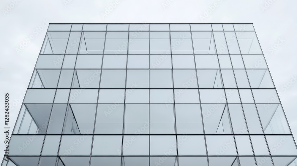 Modern glass building, city skyline, overcast day, architectural design Modern glass building, city skyline, overcast day, architectural design