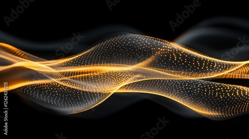 Intricate golden threads weave through a captivating abstract design, their swirling forms highlighted against a deep black backdrop. 