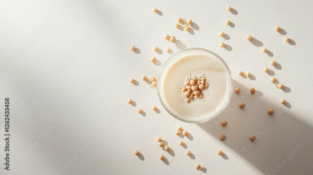 Artistic flat lay of soy milk in frosted glass surrounded by soybeans, creating serene and inviting atmosphere Artistic flat lay of soy milk in frosted glass surrounded by soybeans, creating serene and inviting atmosphere