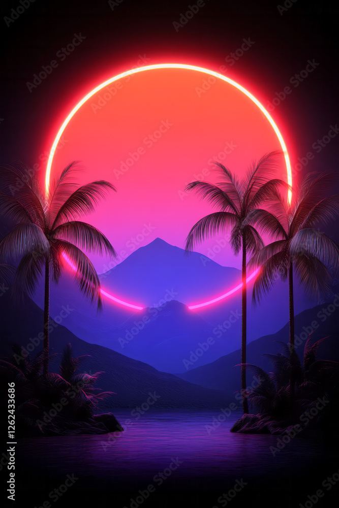 Naklejka premium A synthetic jungle scene where stylized palm silhouettes glow with neon edges, framed by geometric