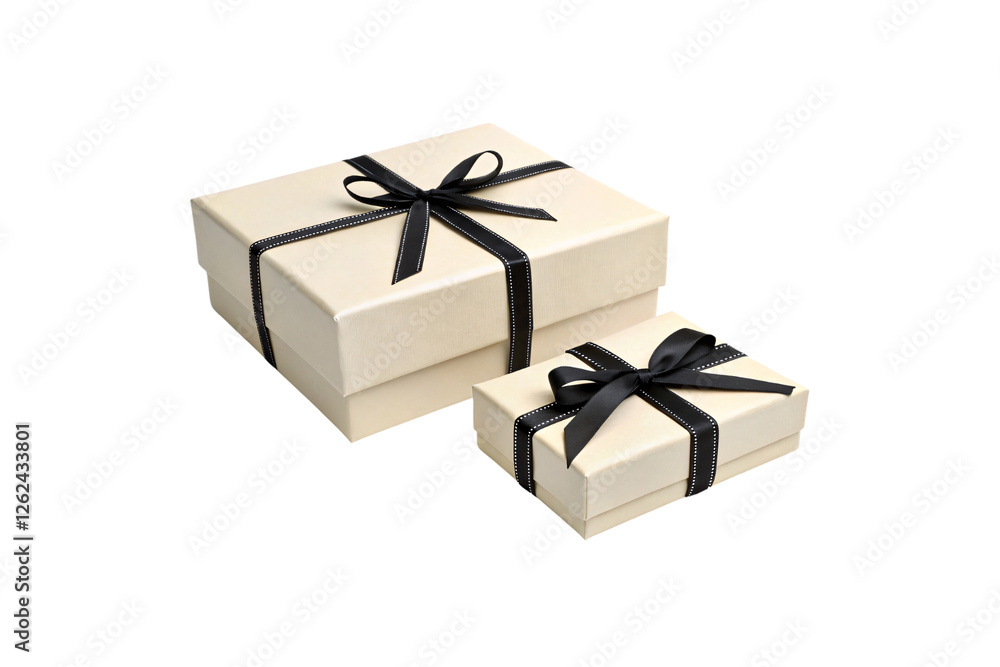 Obraz premium Set of two cream-colored gift boxes with black ribbons, exuding refinement and timeless elegance, perfect for special occasions, isolated on a transparent background