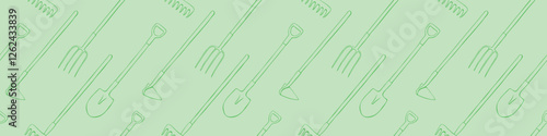 Seamless pattern with garden equipment: shovels, spades, rakes, hoes, pitchforks. Vector backgrounds and textures with tools for working on the farm, in dacha, country site in flat doodle style