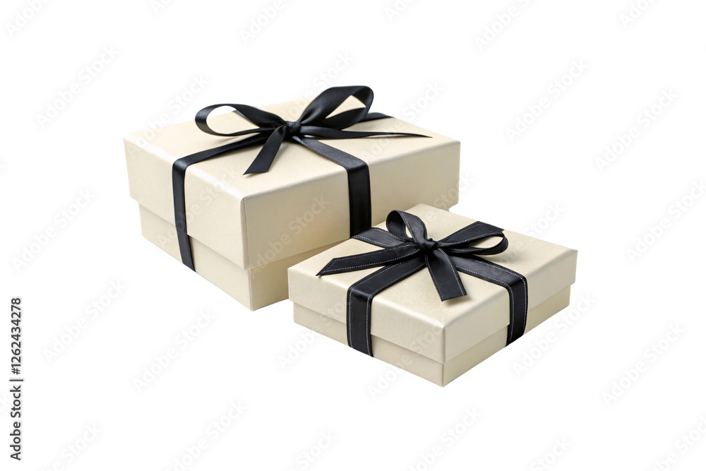 Obraz premium Two ivory gift boxes wrapped with sleek black ribbons, presenting an elegant, minimalist aesthetic with a luxurious and sophisticated presentation, isolated on a transparent background
