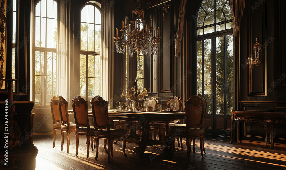 Fototapeta premium Elegant dining room with large windows allowing natural light to enhance the space and mood