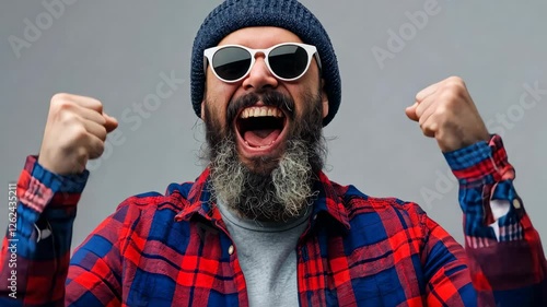 Excited bearded man in sunglasses and a beanie celebrating with clenched fists and a joyful expression against a gray background