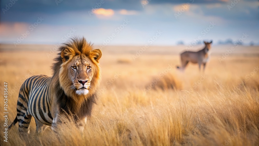 Fototapeta premium Majestic Lion Stands Proud in Golden Grassland Under Dramatic Sky