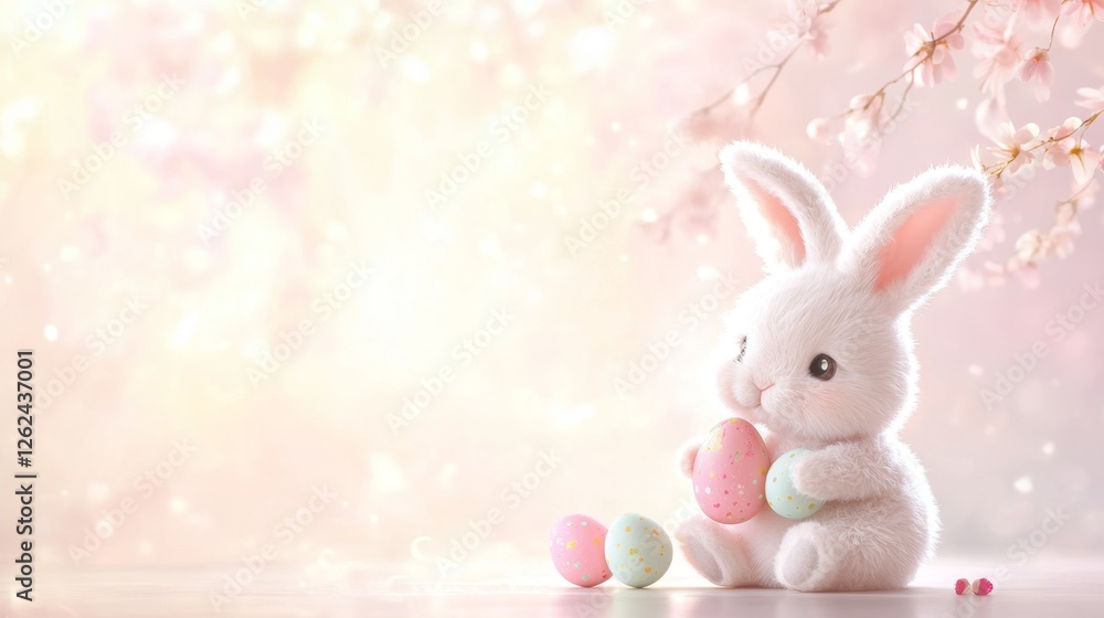 Fototapeta premium Adorable Fluffy Bunny Holding Colorful Easter Eggs in Spring Setting