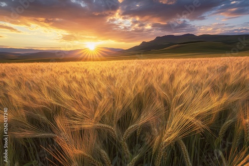 Golden wheat field at sunset with dramatic clouds and distant mountains in the background