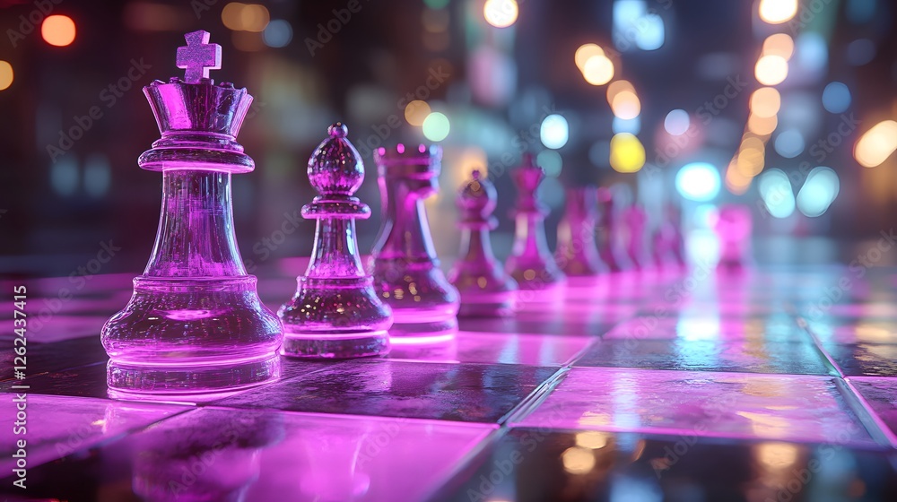Illuminated crystal chess pieces on reflective board, strategy game concept Illuminated crystal chess pieces on reflective board, strategy game concept