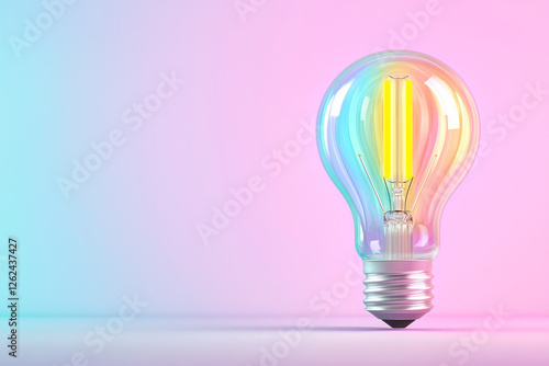 A gentle, pastel color palette highlighting the neon aura of a digital bulb, with the striped