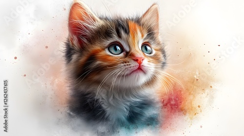 Adorable Calico Kitten Portrait Watercolor Style Cute Feline Pet
