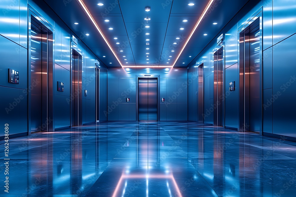 Fototapeta premium Modern Elevator Lobby at Night with Neon Lighting