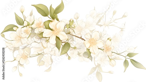 Delicate Cream Colored Jasmine Blossom Branch Spring Floral Illustration Botanical Art