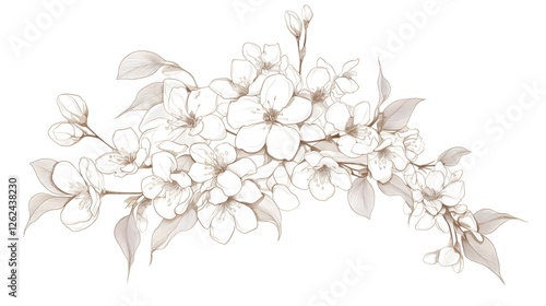 Elegant Line Art Drawing of Blooming Cherry Blossom Branch Spring Floral Design