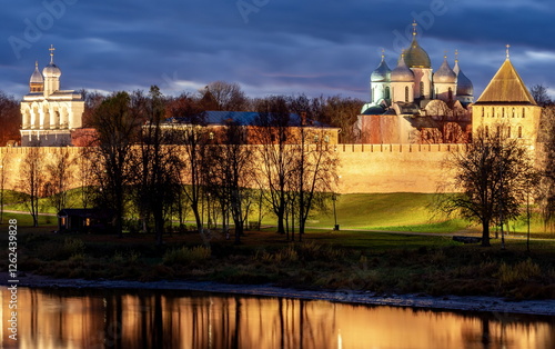 Cityscape of Great Novgorod Kremlin with St. Sophia cathedral at sunset, Russia photo