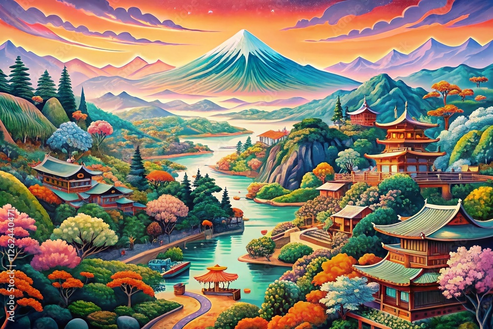 Obraz premium Ukiyo-e Landscape: Historical Japan, Traditional Art Pattern, Seamless Design, Vintage Asian Print, Oriental Background