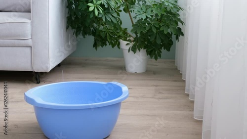 Water is running from the ceiling into a basin. Roof leak, flooded neighbors. The flood in the apartment