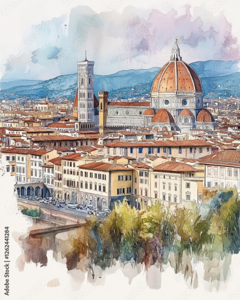 Obraz premium View of the main cathedral in Florence, watercolor style