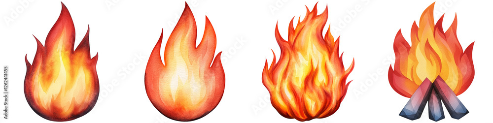 Manifest vision and watercolor, A series of flame icons representing different intensities and styles of fire. Manifest vision and watercolor, A series of flame icons representing different intensities and styles of fire.