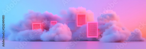 A stylized montage of data sheets and glitchy code swirling among hazy neon clouds, evoking a photo