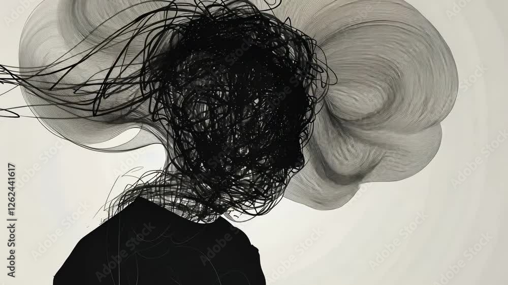 Abstract video concept with a side profile silhouette, chaotic black lines forming hair. Captured from a side angle, emphasizing dynamic motion.