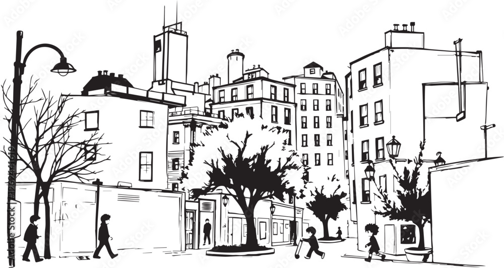 Obraz premium City landscape. Different buildings on street, outline cityscape hand sketch, flat houses. Hand drawn vector illustration