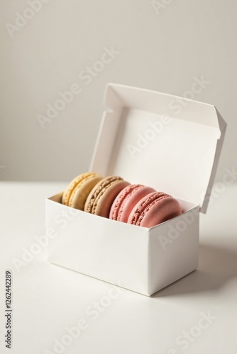 Delightful assortment of pastel-colored macarons nestled in a pristine white box, a perfect treat for any occasion