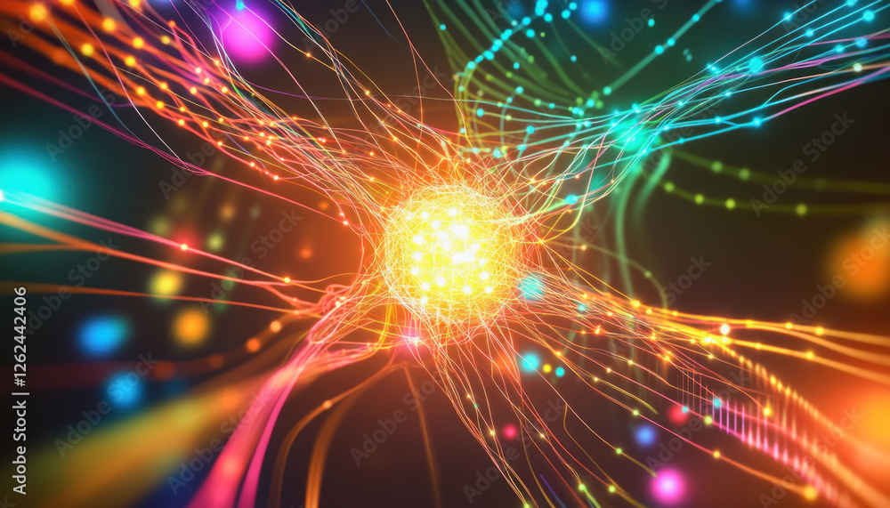 Fototapeta premium Bright colorful fiber optics cables transferring big data information through futuristic network hub