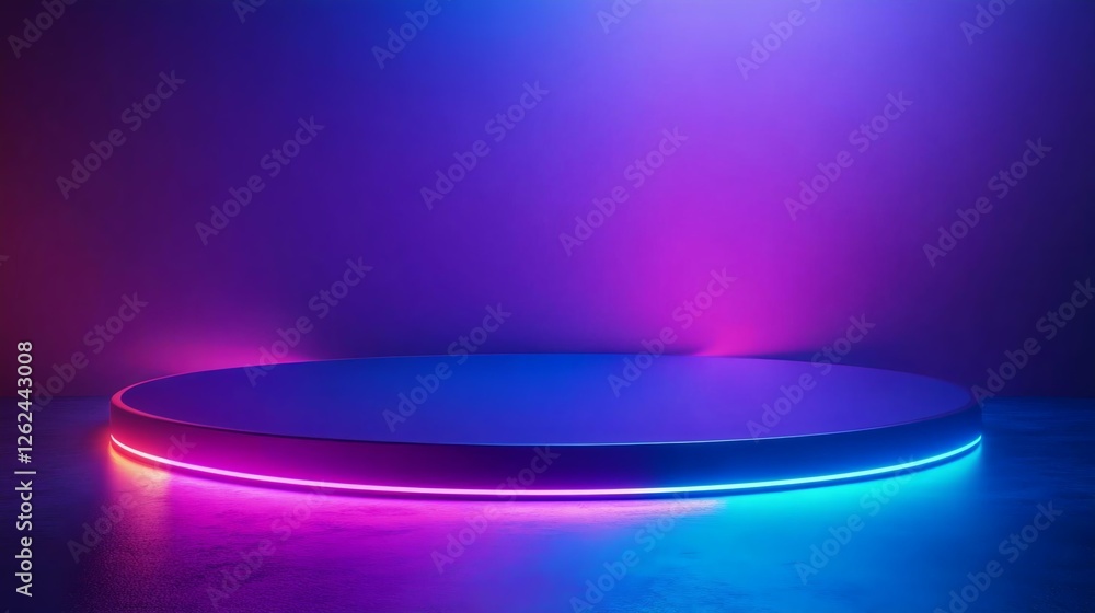 A vibrant, illuminated circular platform with glowing neon lights creates a modern, futuristic ambiance, perfect for presentations and performances. A vibrant, illuminated circular platform with glowing neon lights creates a modern, futuristic ambiance, perfect for presentations and performances.
