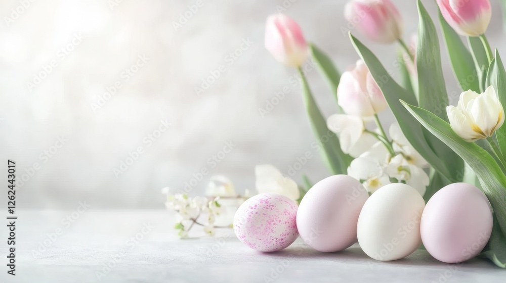 Easter Eggs with Tulips in Garden Setting Soft Focus Background Easter Eggs with Tulips in Garden Setting Soft Focus Background
