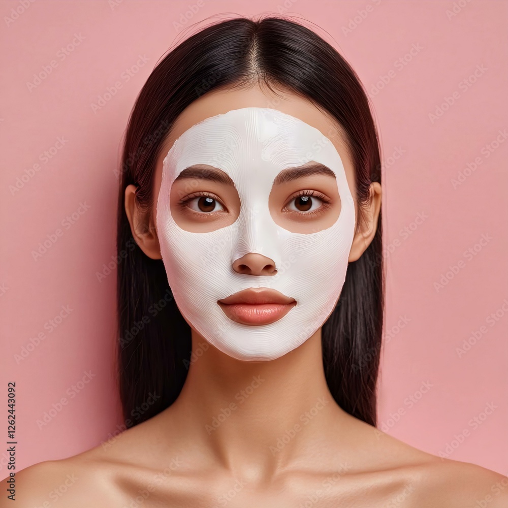 Woman with a facial mask on a pink background, showcasing skincare and beauty care trends. Perfect for wellness and self-care concepts. Woman with a facial mask on a pink background, showcasing skincare and beauty care trends. Perfect for wellness and self-care concepts.