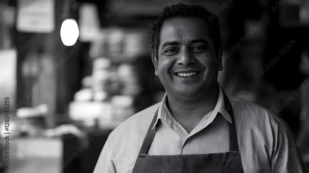 Fototapeta premium Smiling vendor in uniform, exuding warmth and professionalism in a simple portrait