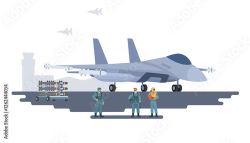 Vector illustration of military fighter jet aircraft on ground. Fully editable vector elements