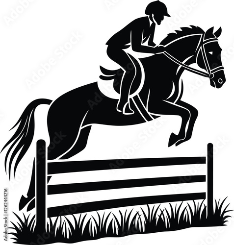 Horse and rider jumping over a wooden fence silhouette vector illustration, horse and rider jumping over a wooden fence line art vector with transparent background, 