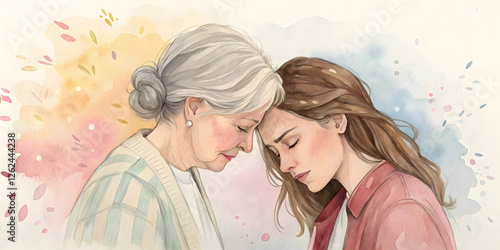 Grandmother and granddaughter, grateful mood, touching heads, colorful watercolor background
